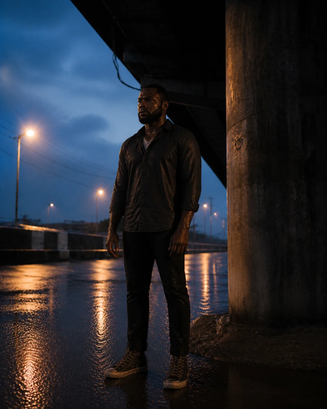 A rain-soaked man standing beneath a Lagos flyover before dawn